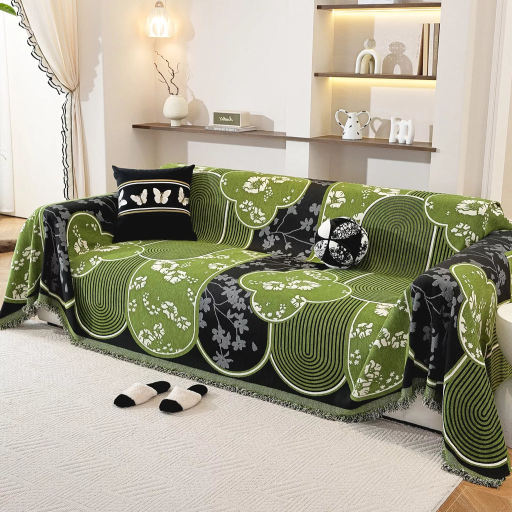 Floral Jacquard Chenille Sofa Cover with Tassels