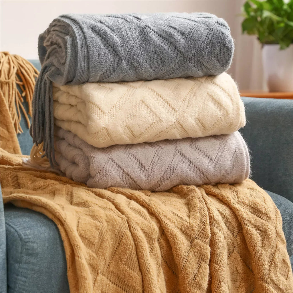 Diamond Knit Winter Cashmere Sofa Blanket with Tassels - DSARD