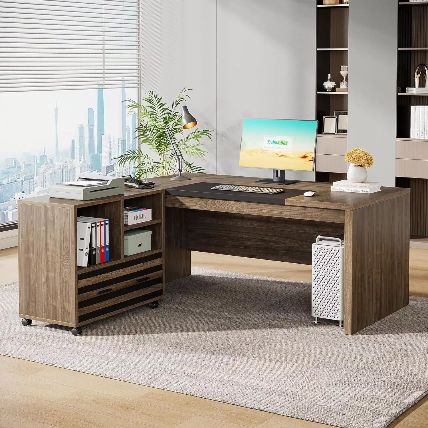62.2″ L-Shaped Executive Desk with Mobile File Cabinet and Storage Shelves - DSARD - DSARD