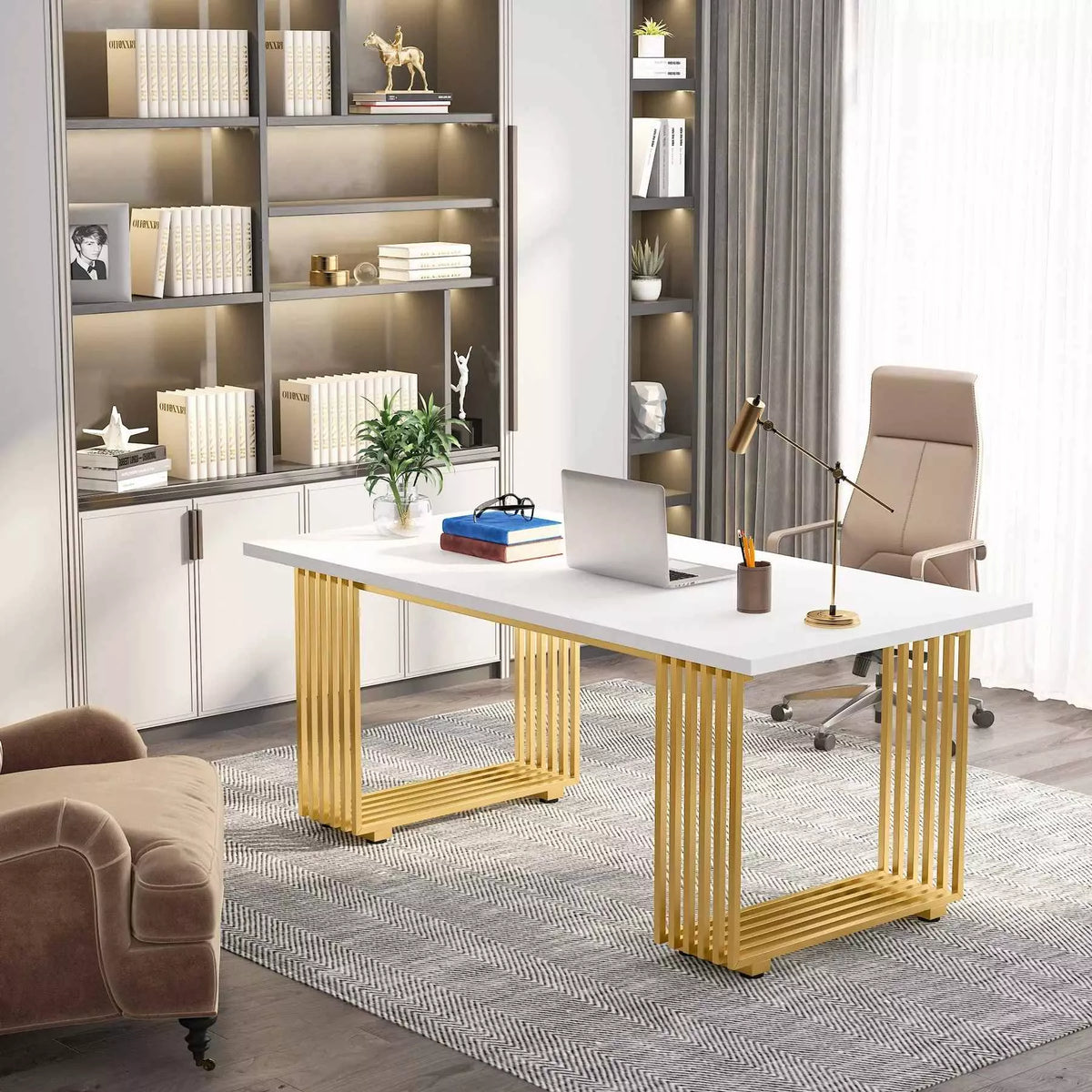 Modern White and Gold Office Desk with Metal Legs - DSARD