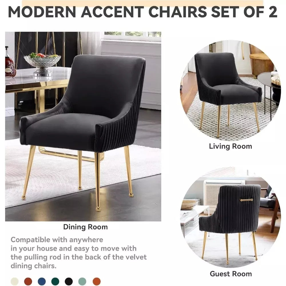 Modern Velvet Dining Chair Set of 2 with Gold Legs, Tufted Upholstered Living Room Chairs - DSARD
