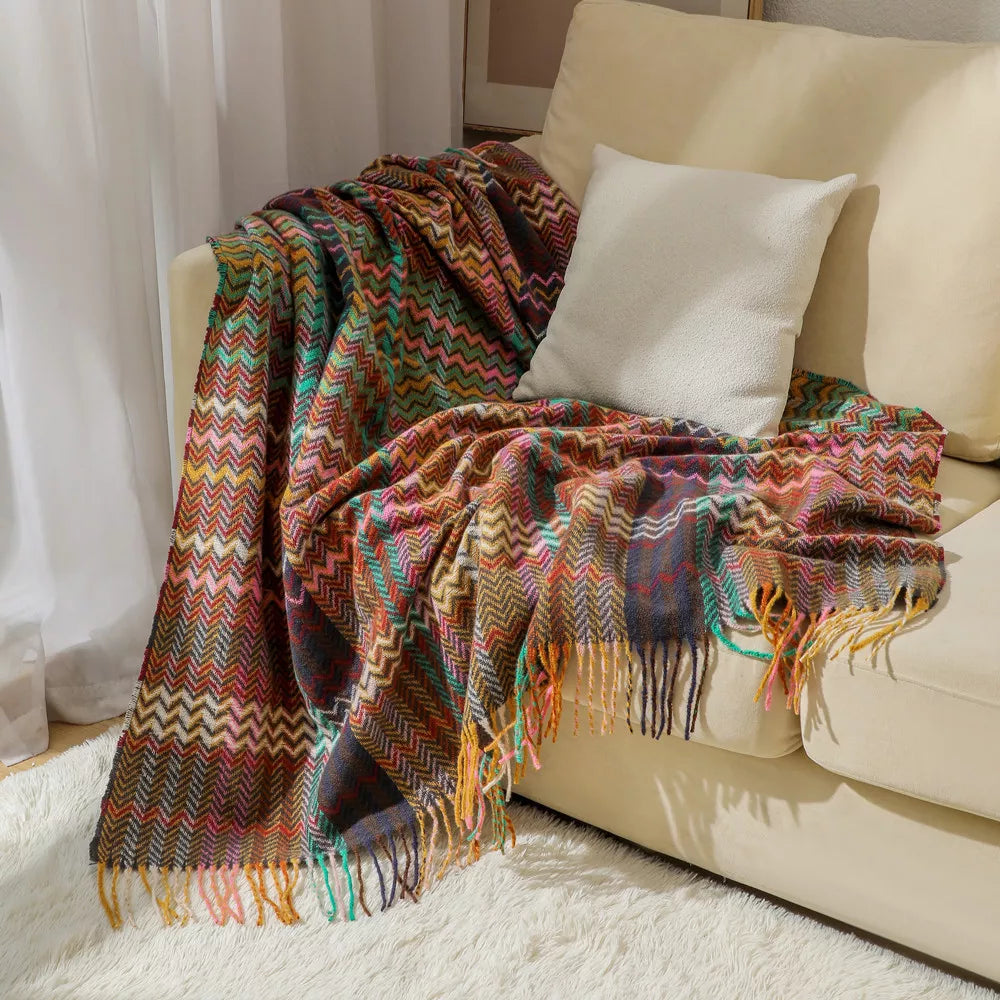 Ethnic Woven Sofa Throw Blanket with Tassel Design