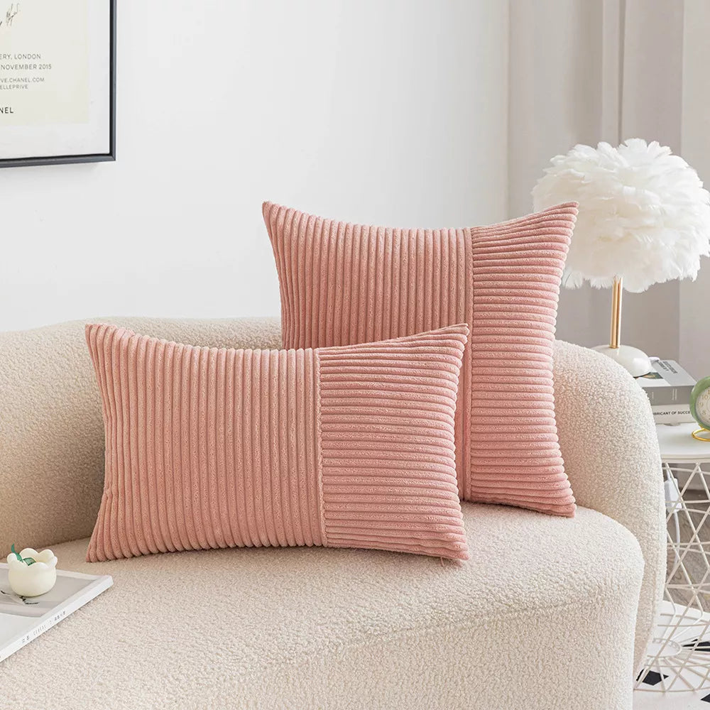 Set of 2 Corduroy Patchwork Throw Pillow Covers with Invisible Zipper