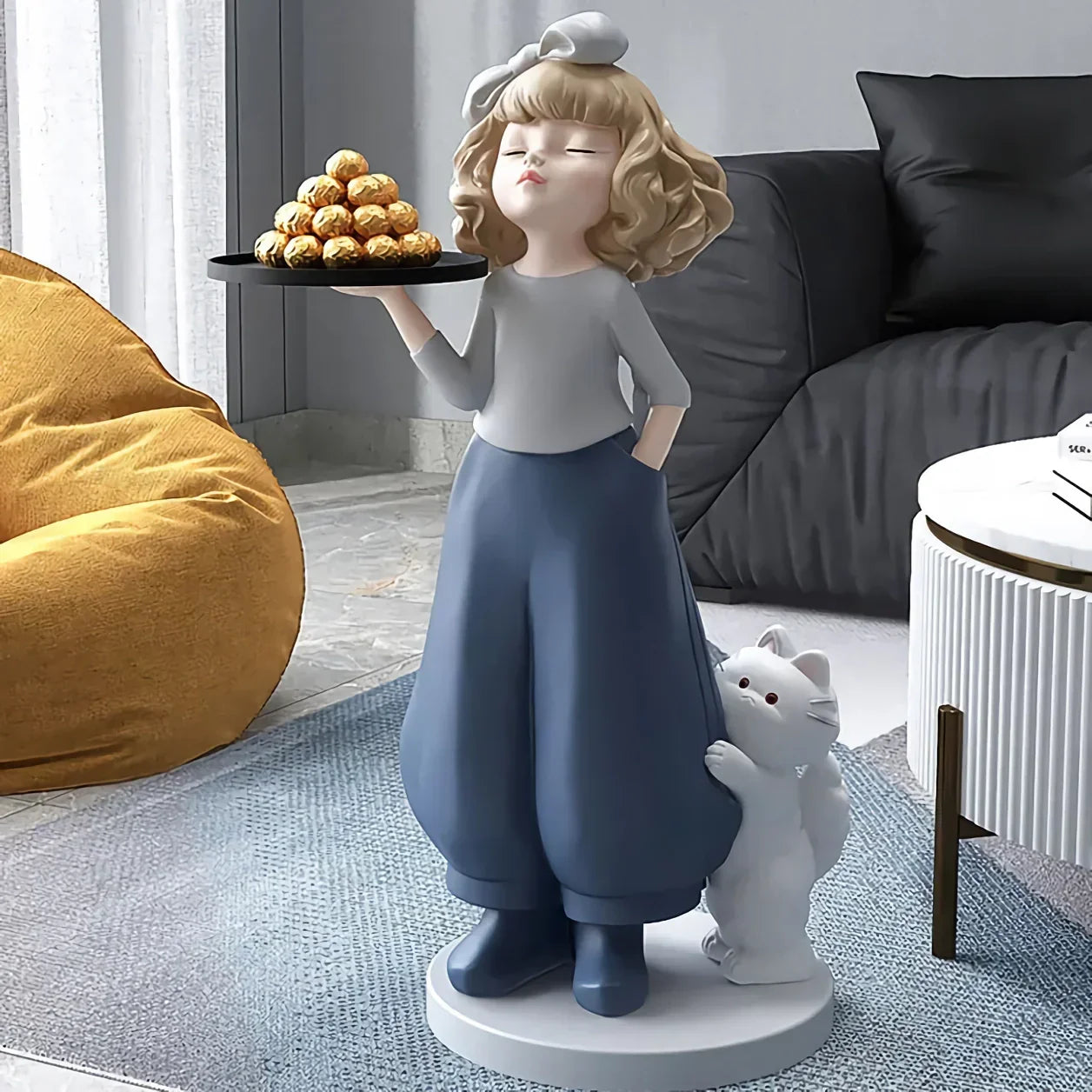 Nordic Girl Tray Sculpture – Decorative Home Accent Statue