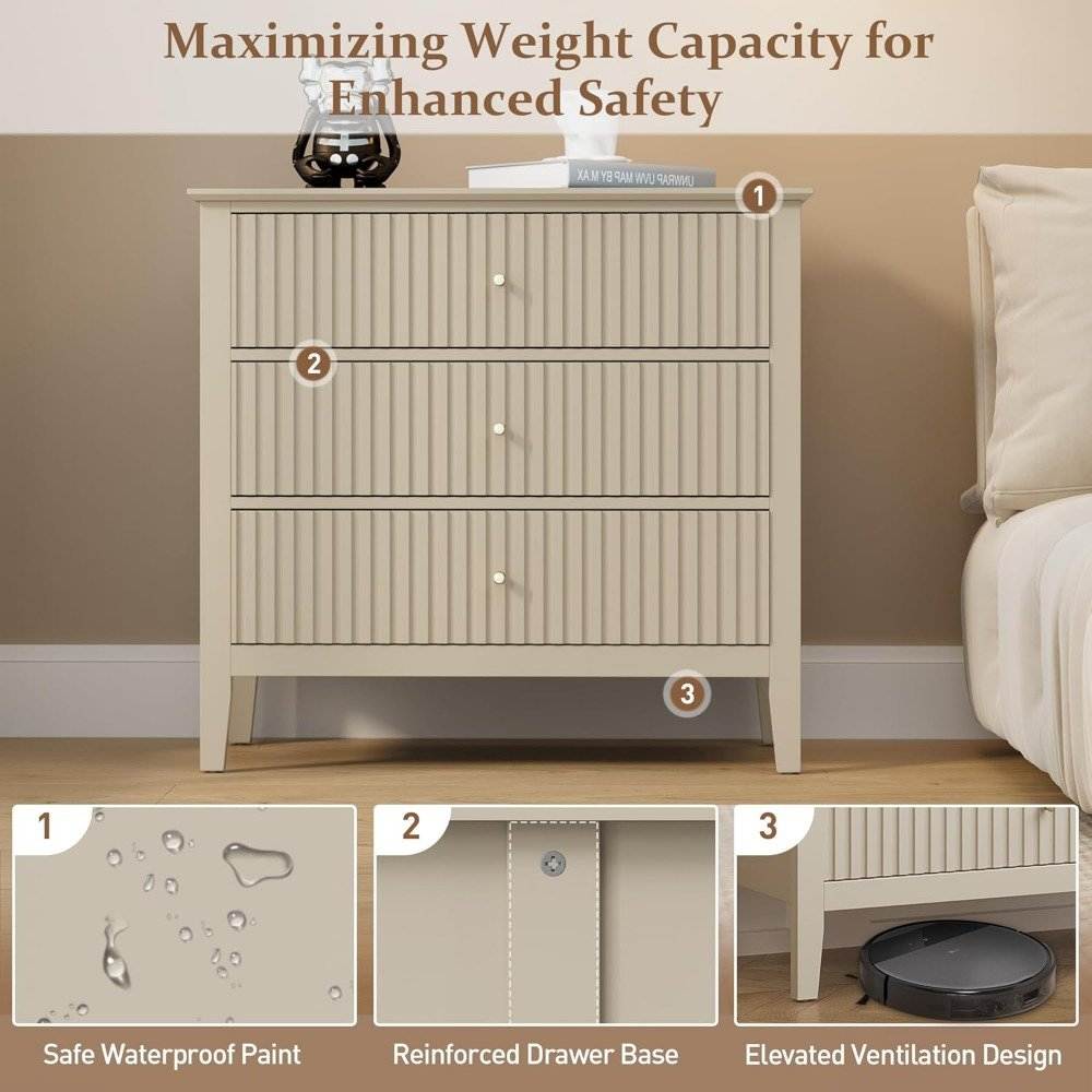 Set of 2 Modern 3-Drawer Premium Nightstands, 30-Inch Tall Fluted Chests with Storage