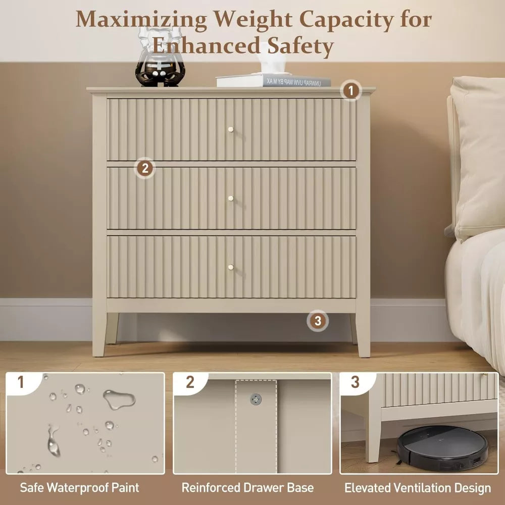 Set of 2 Modern 3-Drawer Nightstands, 30-Inch Tall Fluted Chests with Storage - DSARD
