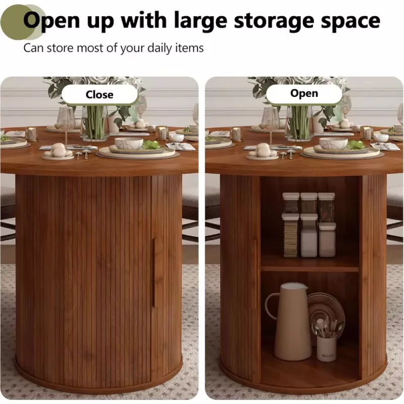 Round Dining Table with 2-Layer Storage Shelf and Wood Slide Door - DSARD
