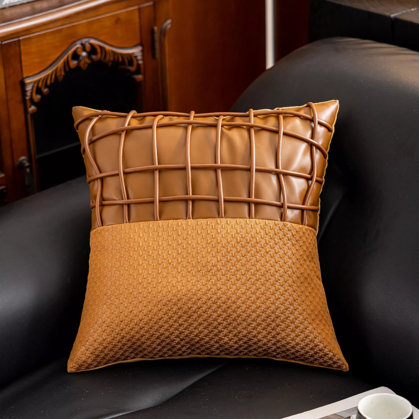 Modern Plaid Leather Stamped Throw Pillow Cover