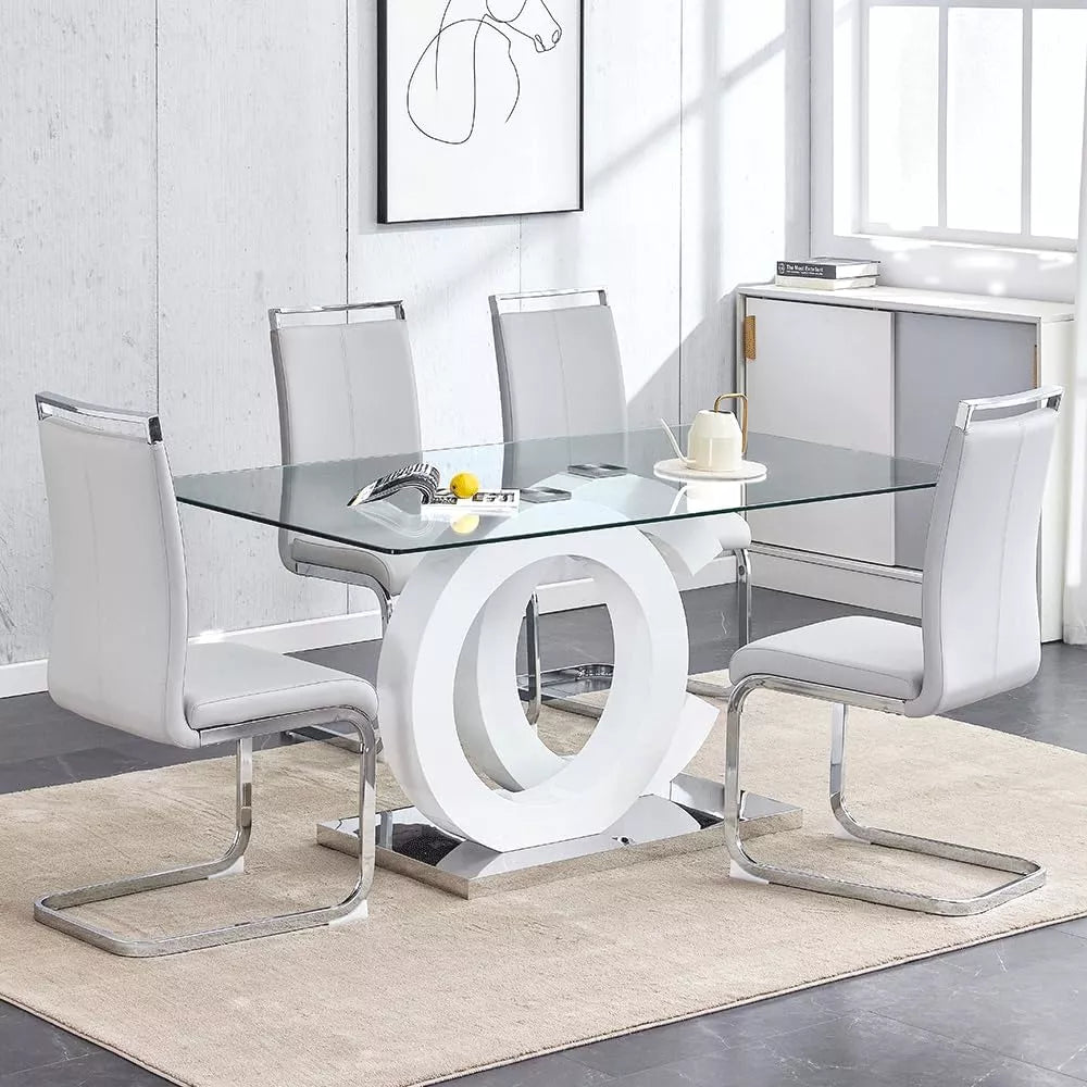 Modern Glass Dining Table Set with 4 PU Leather Ergonomic Chairs, 63 Inch - DSARD