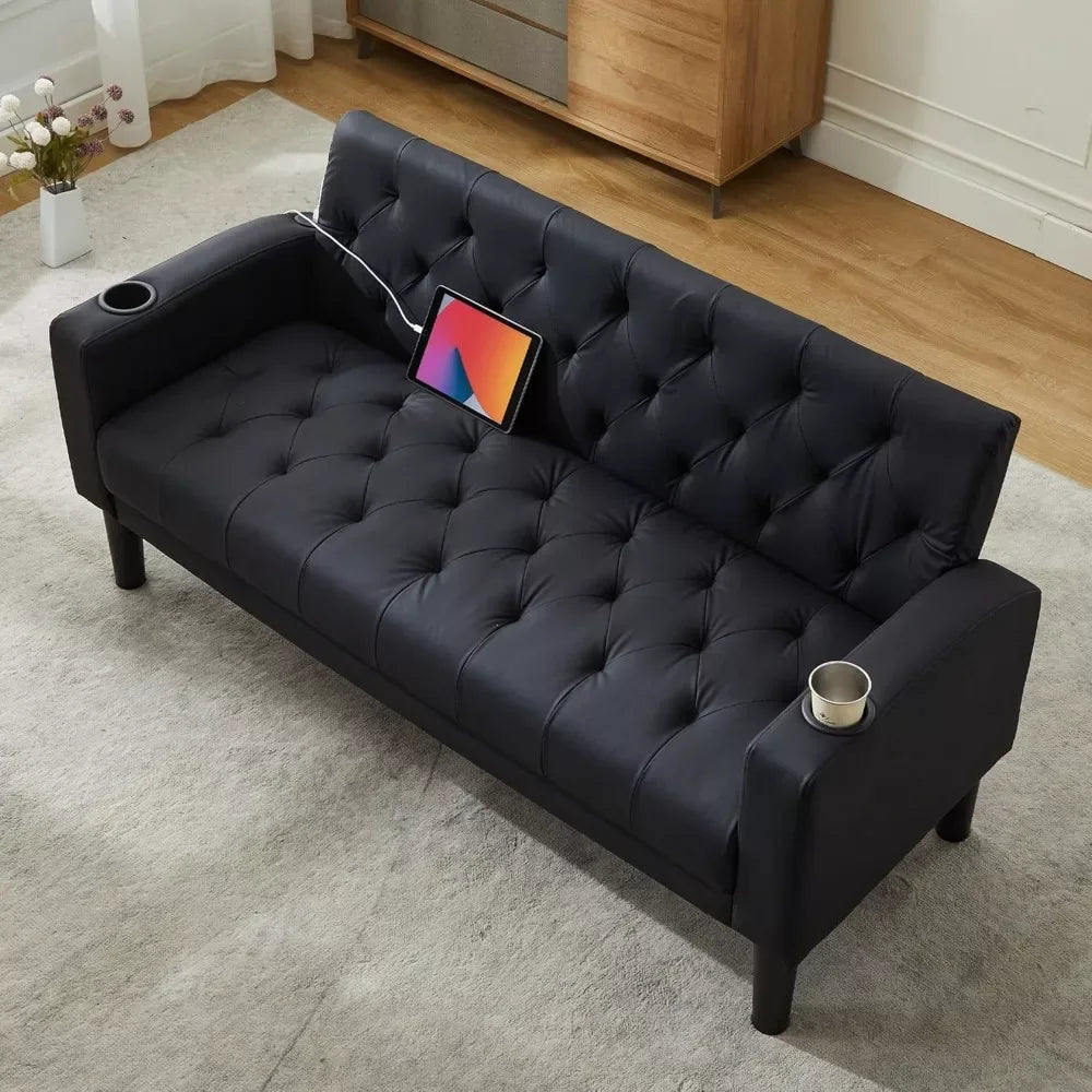 62″ Faux Leather Loveseat with USB Ports, Cupholders – Mid-Century Modern Sofa - DSARD - DSARD