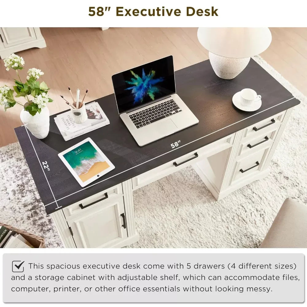Farmhouse Executive Desk with Drawers and Cabinet - DSARD - DSARD