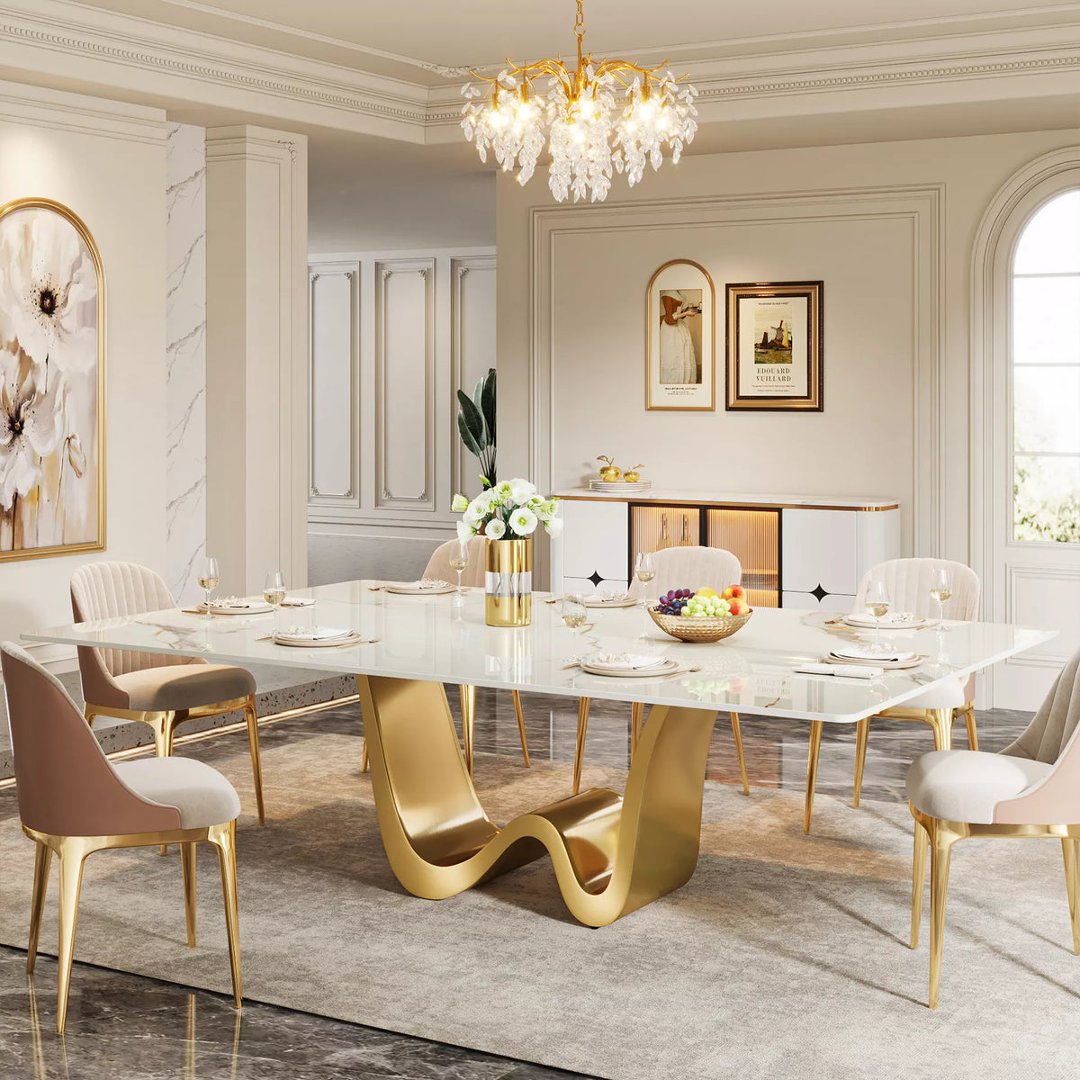 Luxury White & Gold Modern Dining Table for 6-8, 78.74″ Sintered Stone Top - DSARD