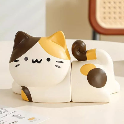Cute Ceramic Cat Bookcase Decor – Adorable Animal Figurines for Home & Office