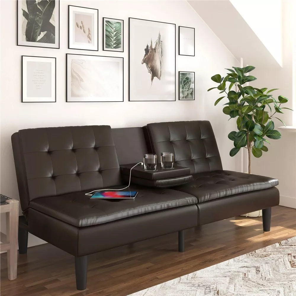 Modern Dark Brown Faux Leather Sofa with Cupholder & USB Charging - DSARD