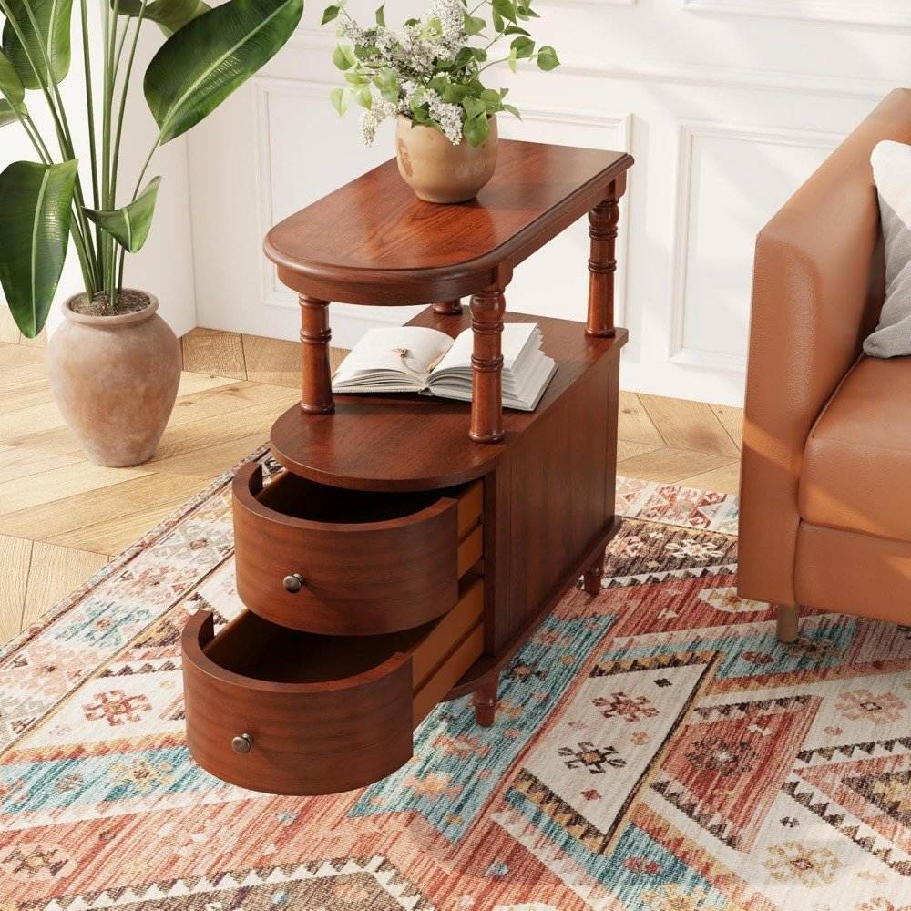 Set of 2 Narrow Wood Premium Nightstands with Drawers