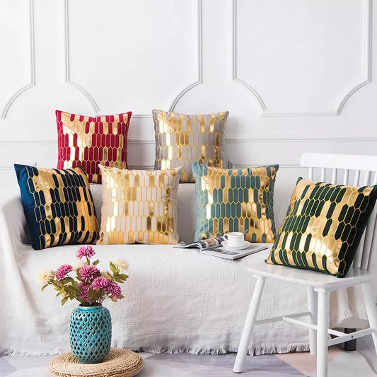 Gold Embroidered Velvet Geometric Cushion Cover 18x18in