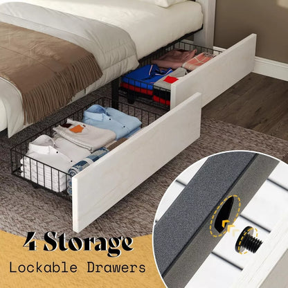 Queen Size Farmhouse Storage Bed Frame with Headboard & 4 Drawers - DSARD
