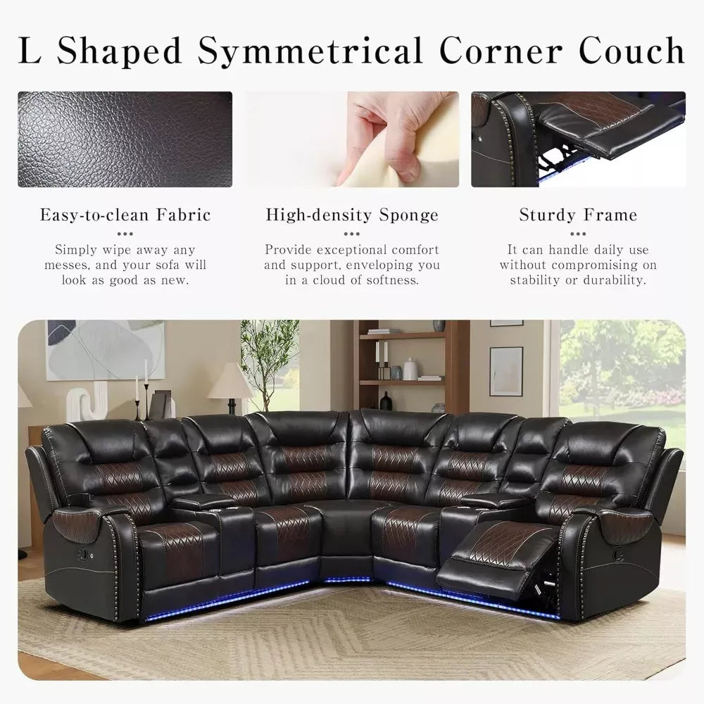 Luxurious Reclining Sectional Sofa with Storage, LED Lights, and Cup Holders - DSARD