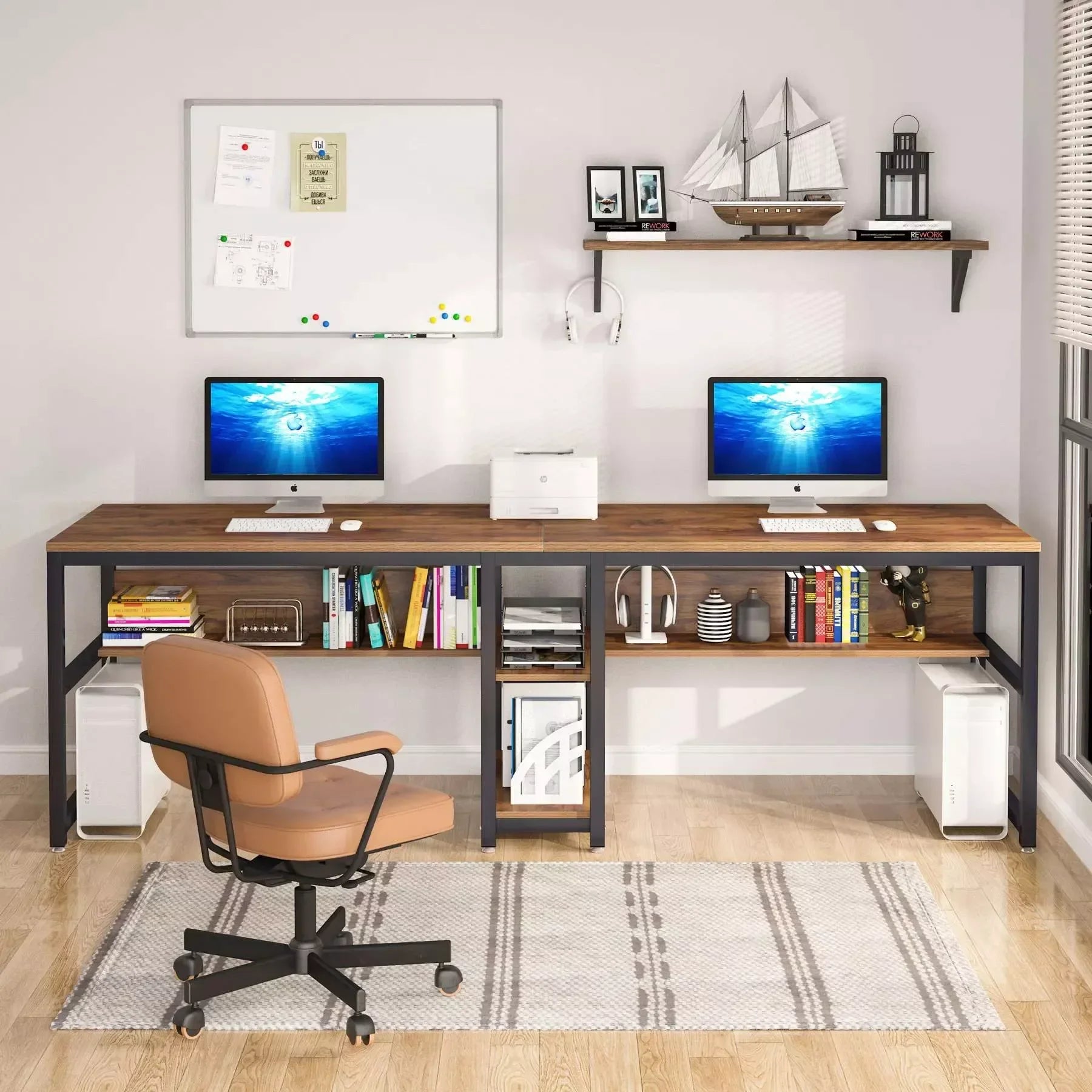 78″ Double Computer Desk with Bookshelves, Rustic Industrial Two-Person Workstation - DSARD - DSARD