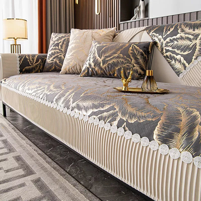 Luxury Leaf Jacquard Velvet Sofa Cover with Lace Edge