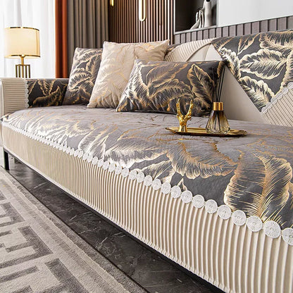 Luxury Leaf Jacquard Velvet Sofa Cover with Lace Edge