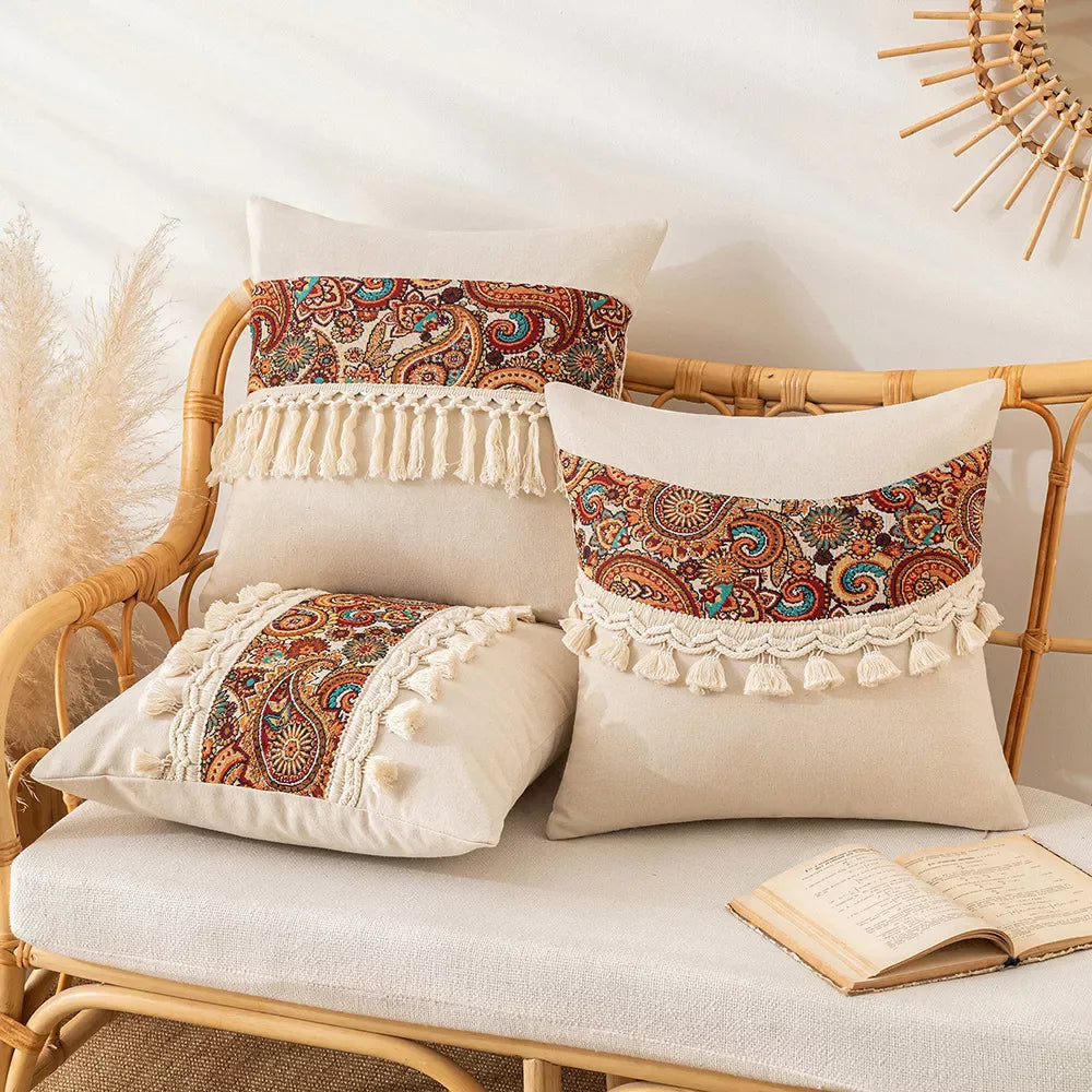 Boho Tassel Throw Pillow Cover 18×18 Inch – Retro Decorative Cushion Case - DSARD