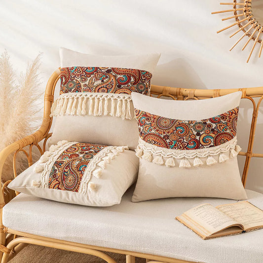 Boho Tassel Throw Pillow Cover 18×18 Inch – Retro Decorative Cushion Case