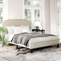 Modern Linen Upholstered Platform Bed with Nailhead Trim - DSARD