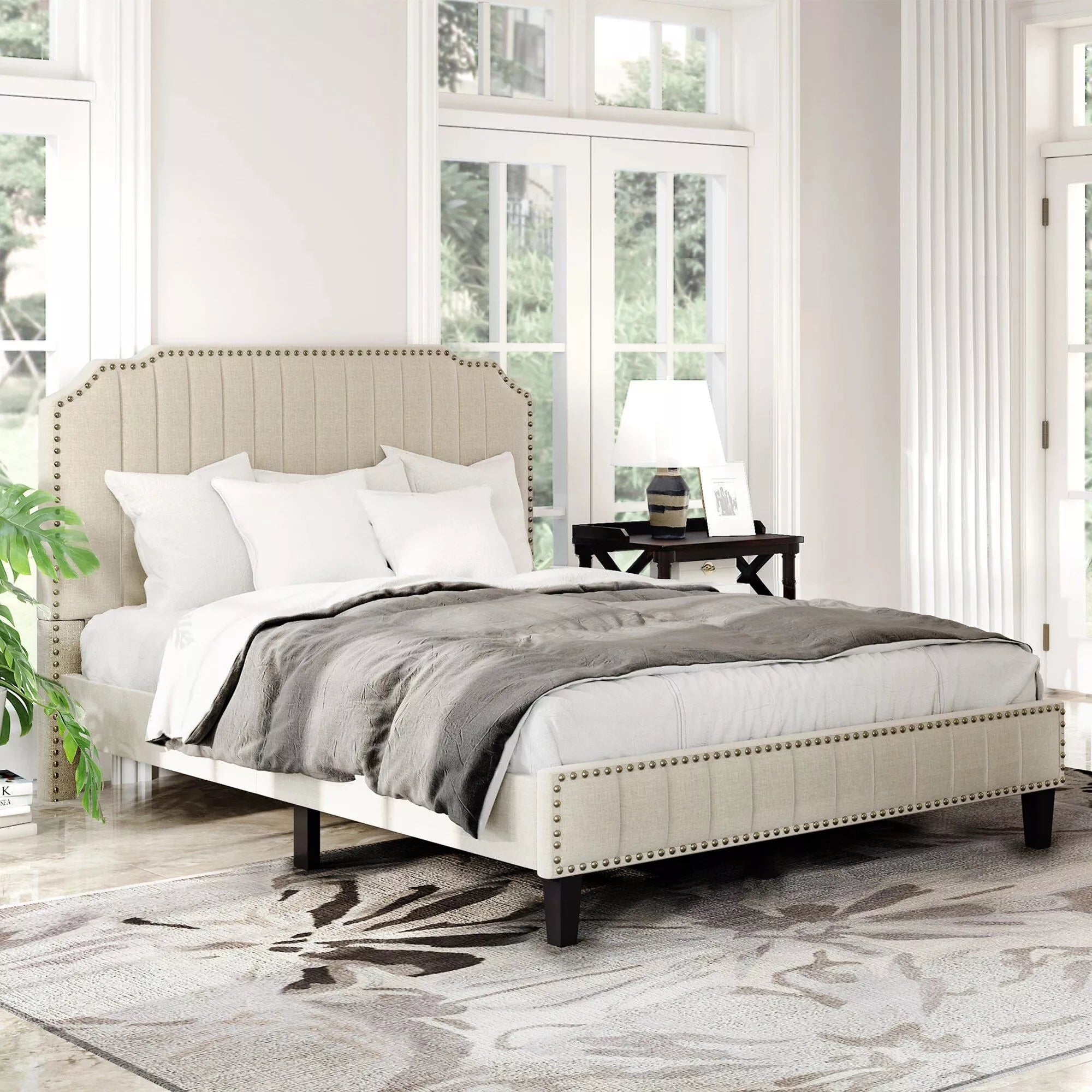 Linen Platform Bed with Nailhead Trim – Modern Upholstered Queen