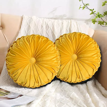 Set of 2 Velvet Round Pumpkin Cushions – Handcrafted Pleated Decorative Pillows