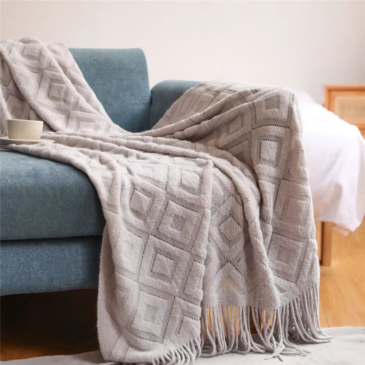 Diamond Knit Winter Cashmere Sofa Blanket with Tassels - DSARD