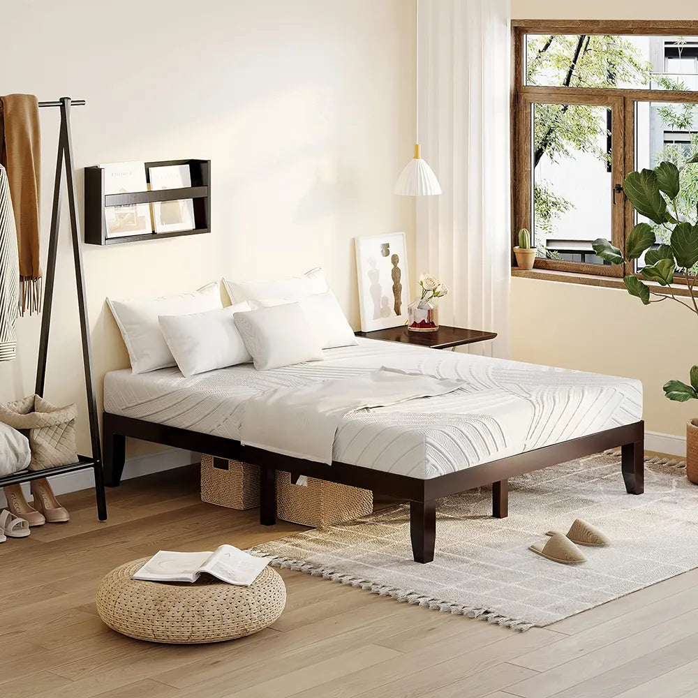 Queen Size Wooden Bed Frame with 10″ Multi-Layer Memory Foam Mattress – Espresso Finish - DSARD