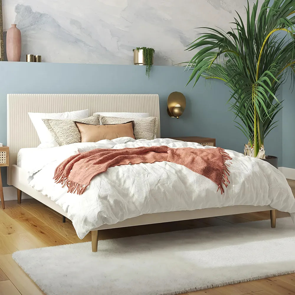 Ivory Velvet Queen Bed with Platform & Upholstered Headboard