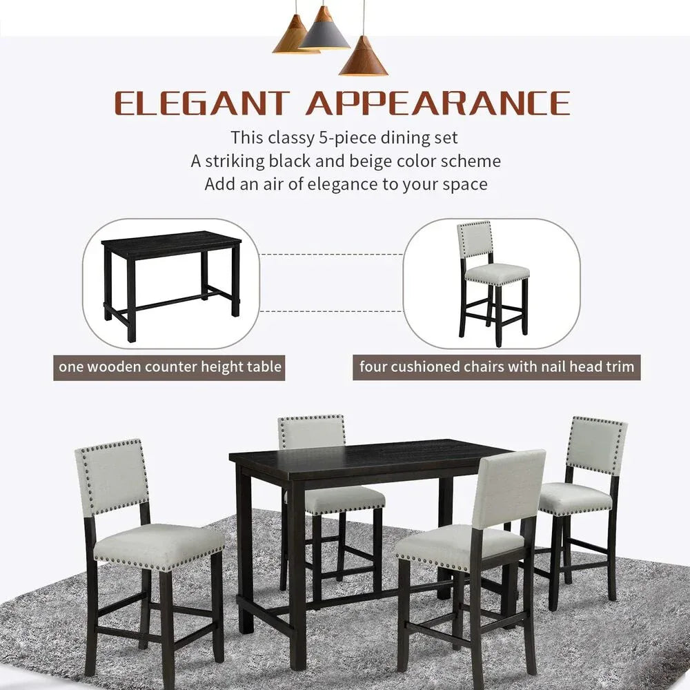 Elegant Espresso 5-Piece Counter Height Dining Set with Beige Chairs - DSARD - DSARD