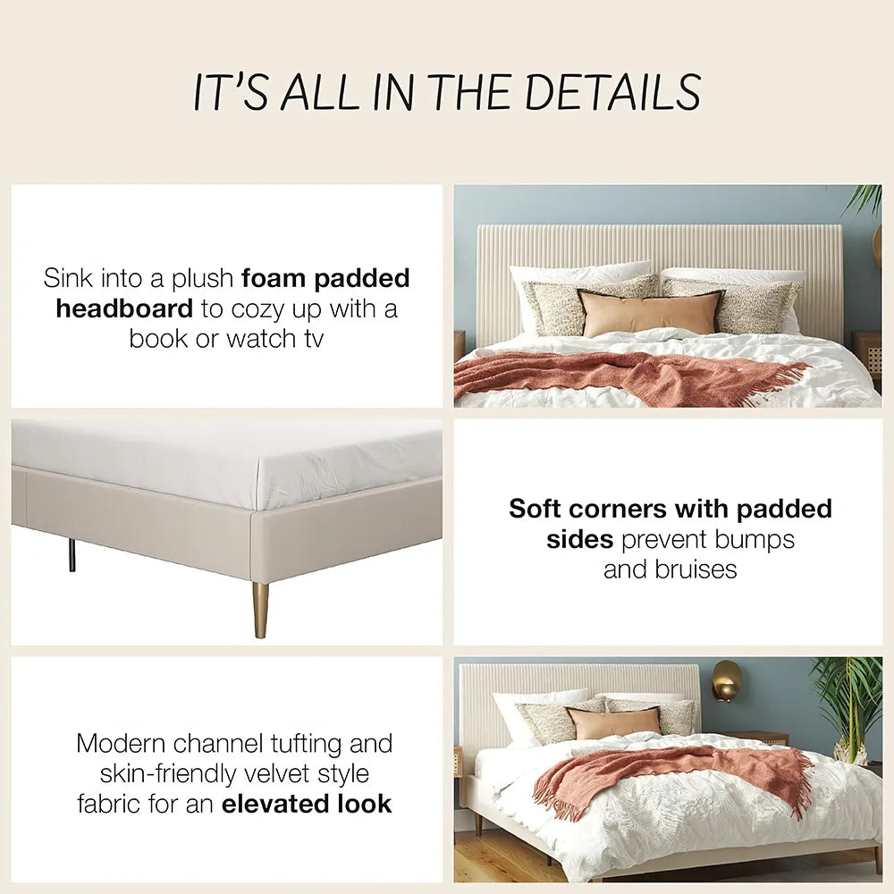 Ivory Velvet Queen Bed with Platform & Upholstered Headboard