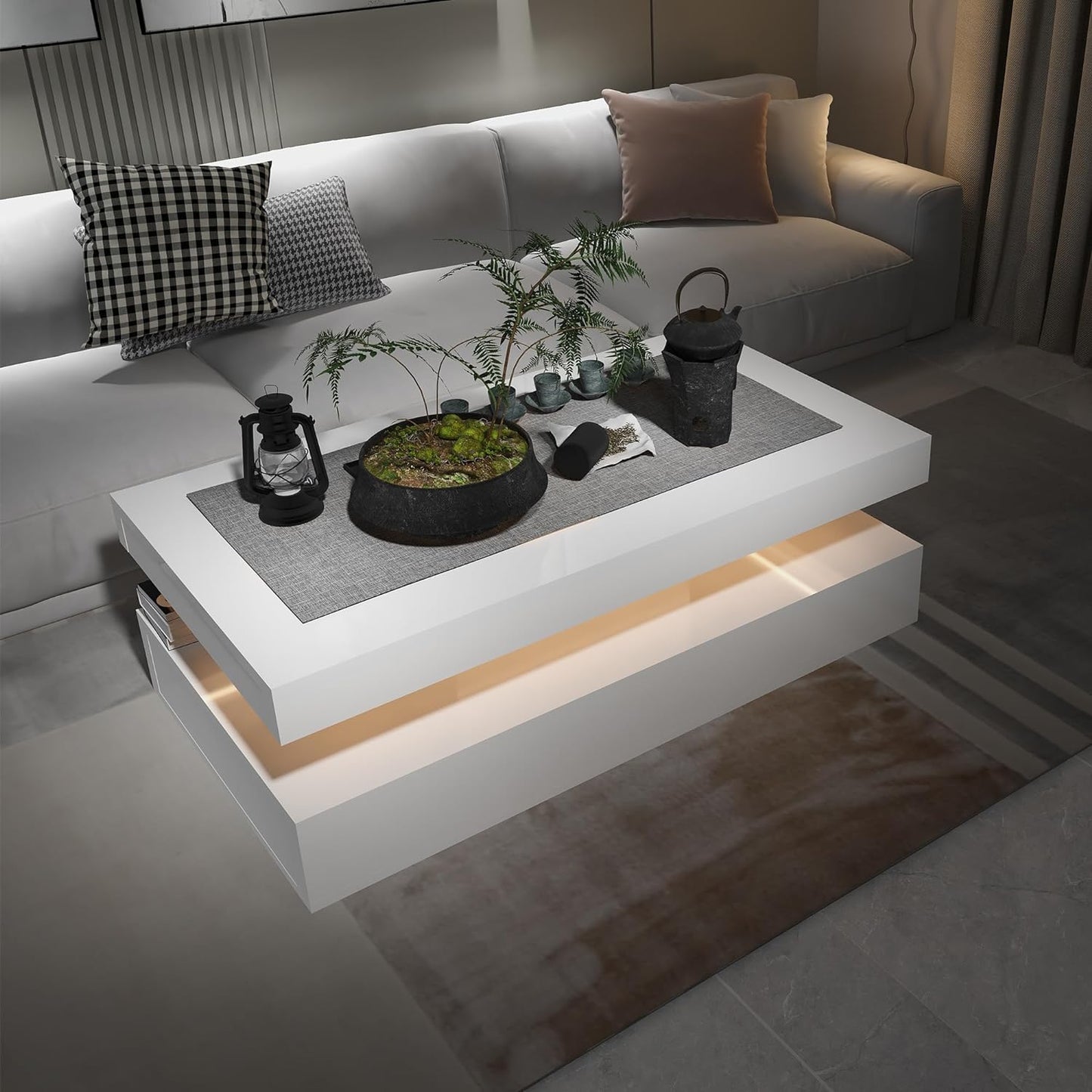 Modern High Gloss Coffee Table with RGB LED Lighting - Rectangular White Design for Living Rooms - DSARD