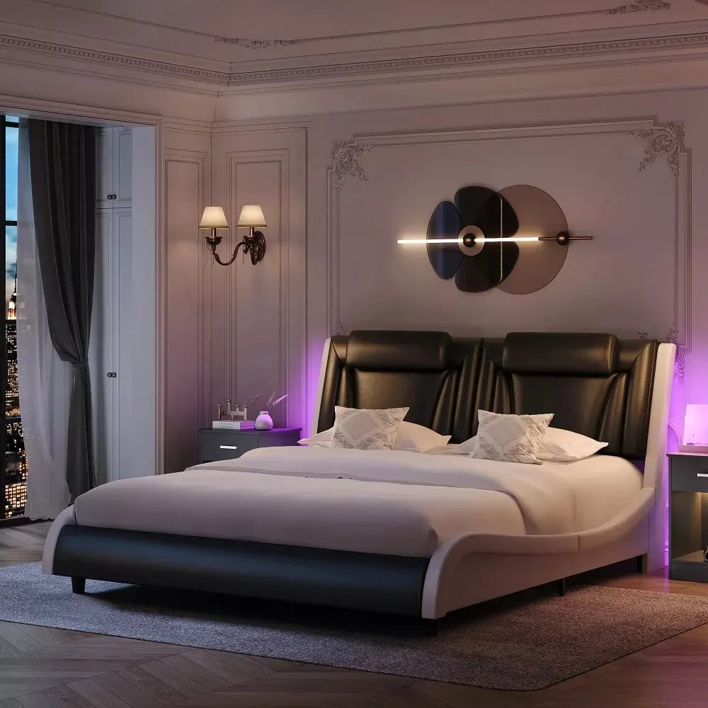 Queen Size LED Bed Frame with PU Leather Upholstered Platform and Adjustable Headboard - DSARD