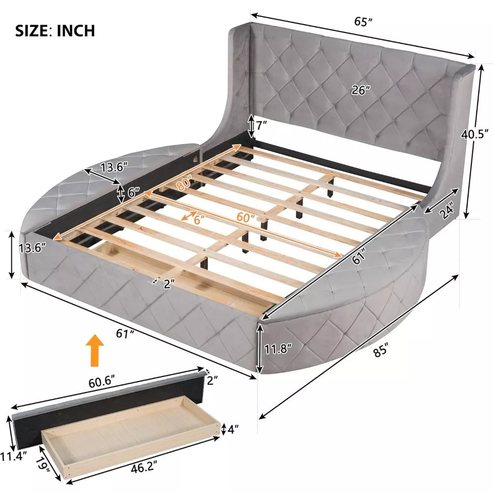 Queen Size Velvet Platform Bed Frame with Storage and Wingback Headboard - DSARD