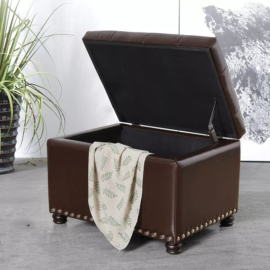 Leather Storage Ottoman Foot Rest with Nailhead Trim – Rectangular Bench Stool - DSARD