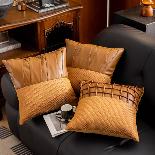 Modern Plaid Leather Stamped Throw Pillow Cover