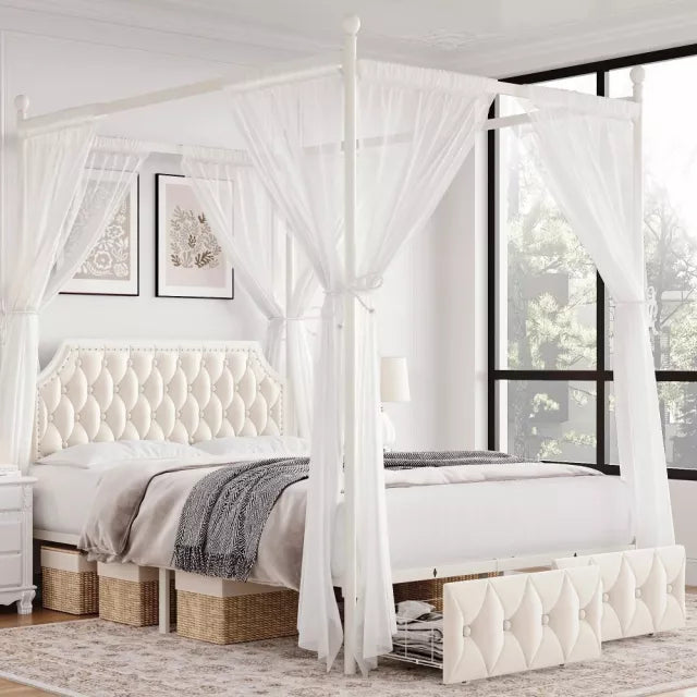 Full Size Upholstered Canopy Bed Frame with Storage Drawers