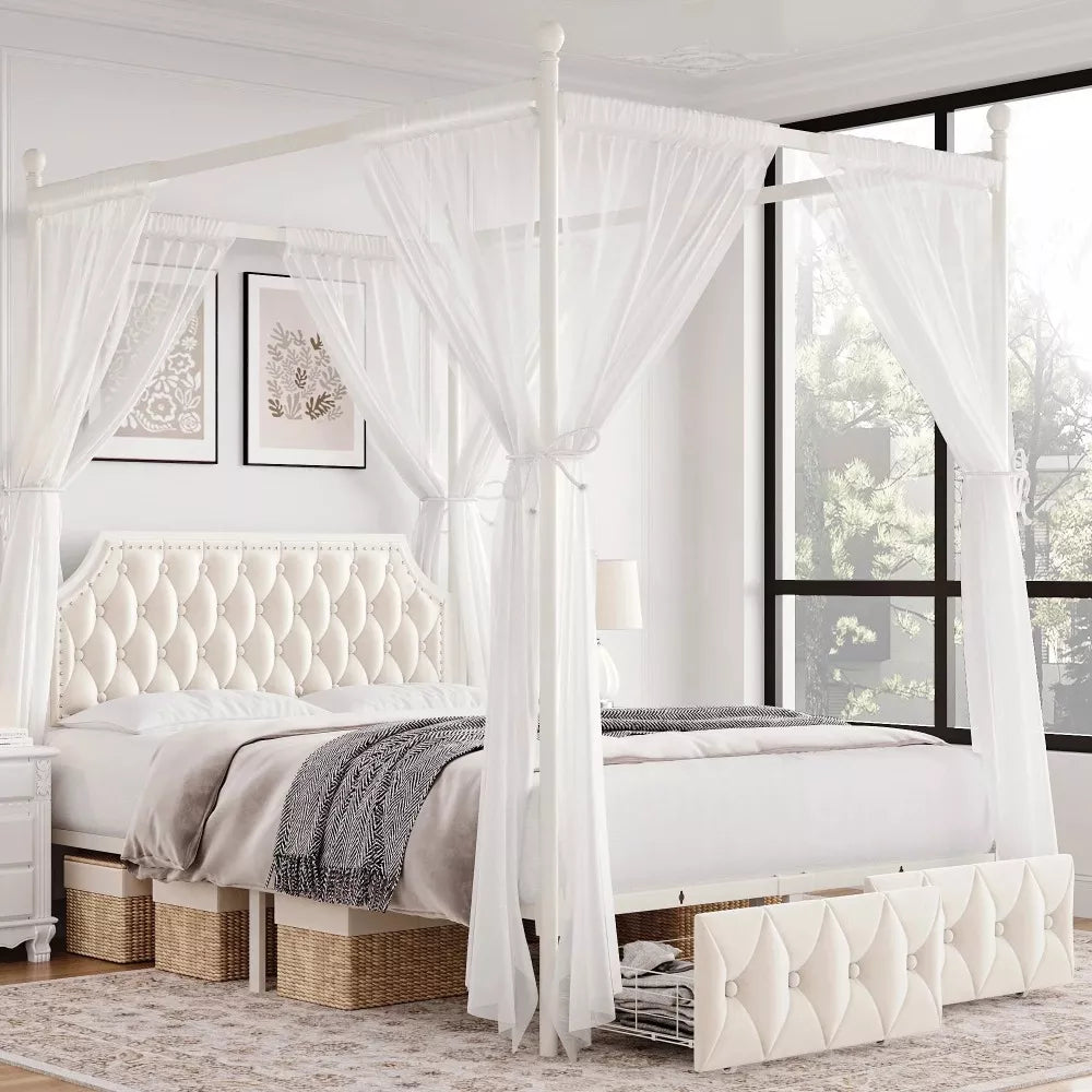 Full Size Upholstered Canopy Bed Frame with Storage Drawers