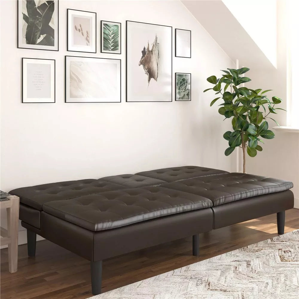 Modern Dark Brown Faux Leather Sofa with Cupholder & USB Charging - DSARD