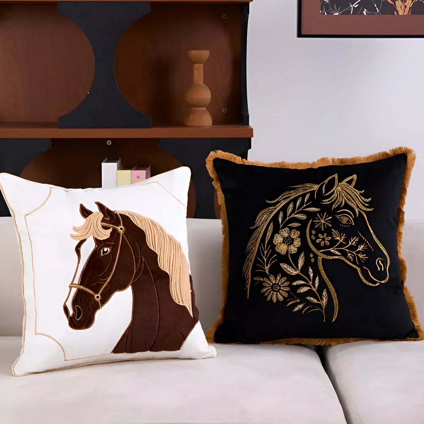 Gold Black Horse Embroidery Cushion Cover – Luxury Square Decorative Pillow for Sofa & Chair