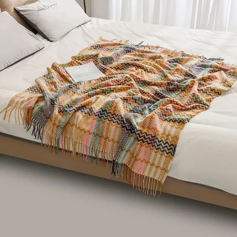 Ethnic Style Woven Sofa Blanket with Wavy Tassels – Cozy Shawl Throw Blanket for Home and Outdoor Use - DSARD