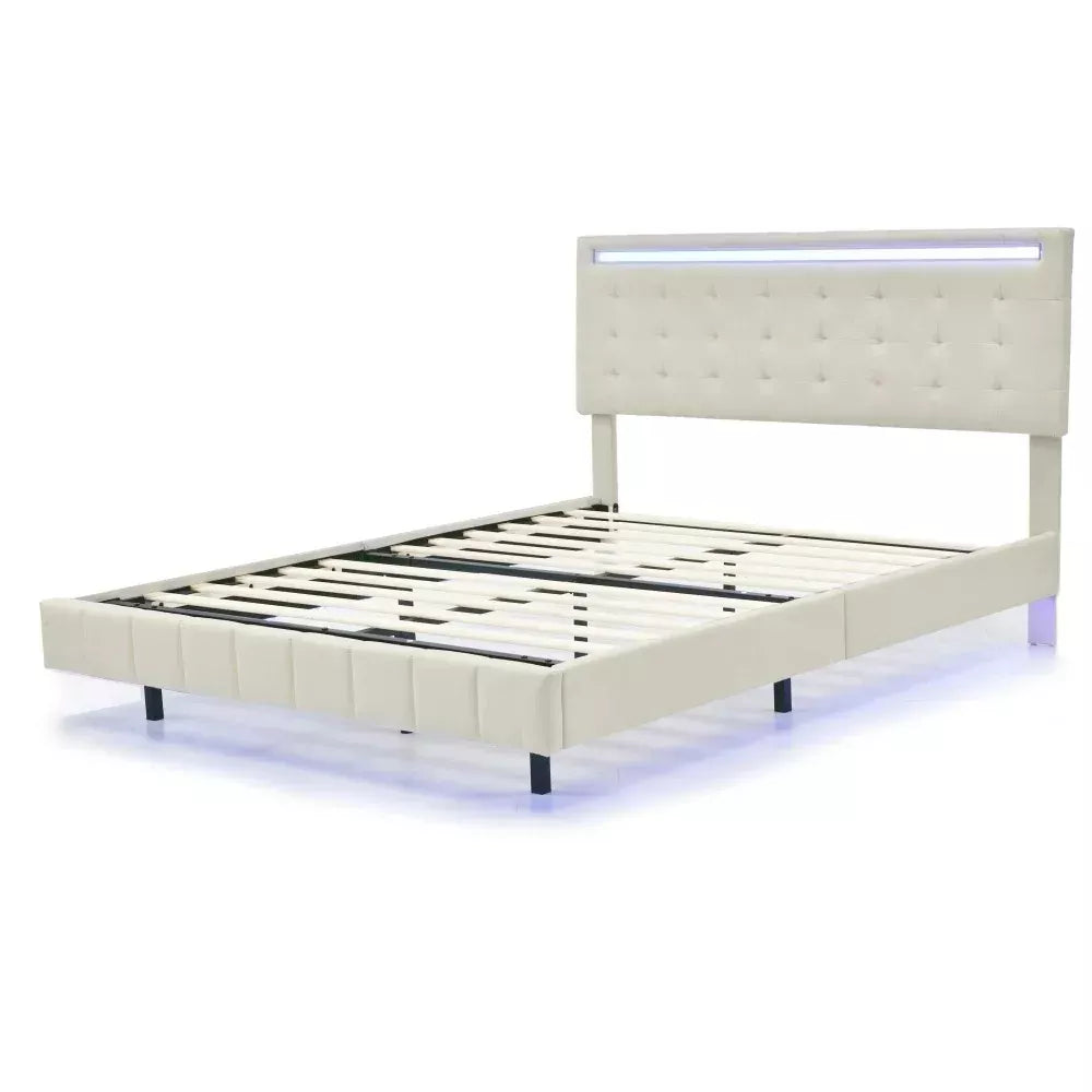 Queen Size Floating Bed Frame with LED Lights & USB Charging Station - DSARD