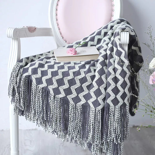 Knitted Zigzag Throw Blanket with Tassels