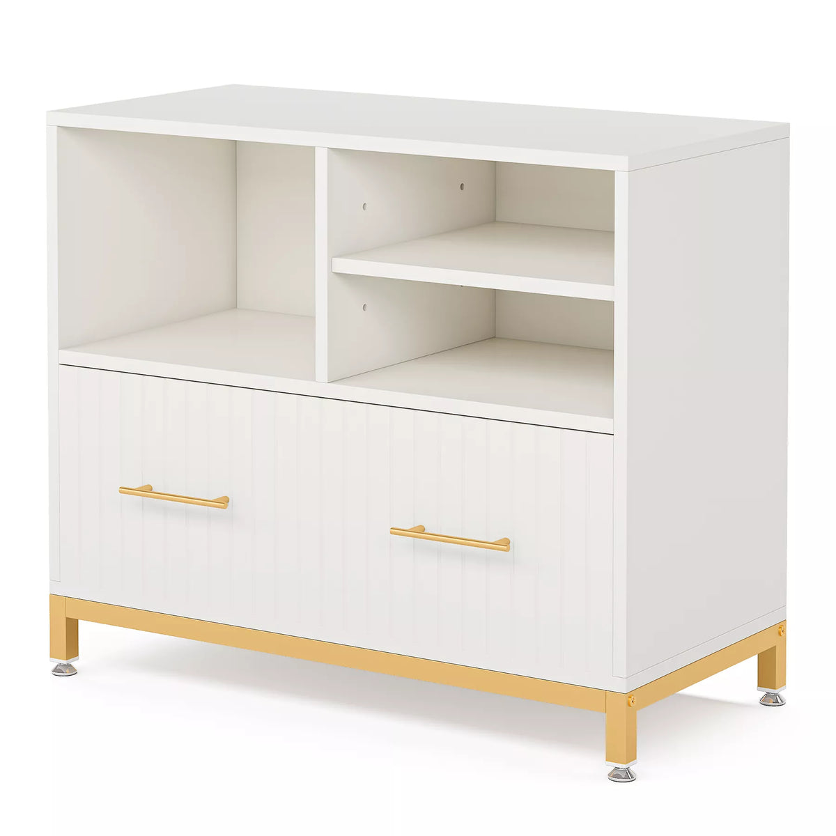 Modern White Lateral File Cabinet with Drawer and Adjustable Storage