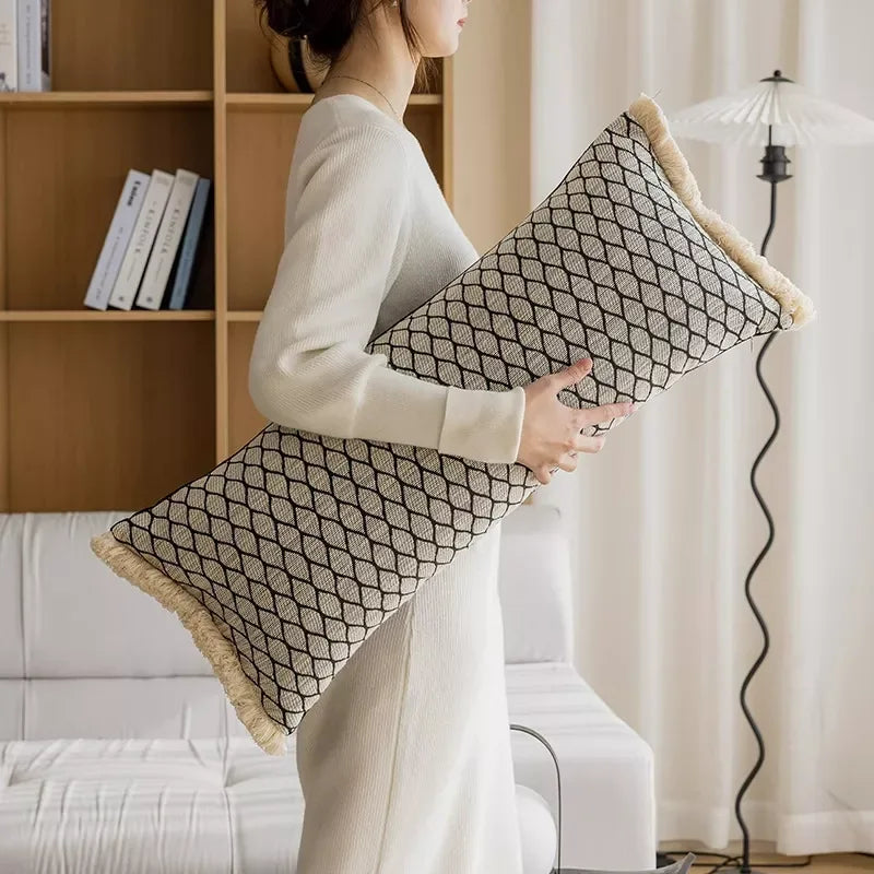 Black Geometric Jacquard Long Decorative Pillow Cover - DSARD