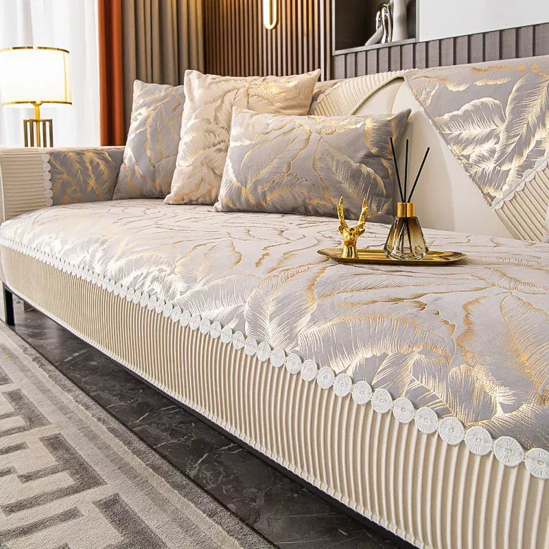 Luxury Leaf Jacquard Velvet Sofa Cover with Lace Edge